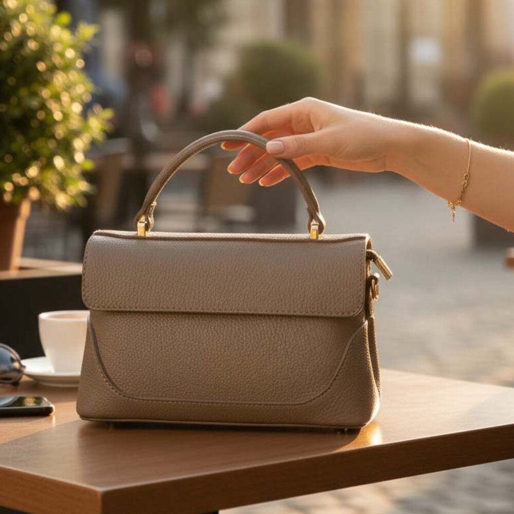 Aby Taupe Italian Leather Handbag – Elegant Top Handle & Shoulder Bag